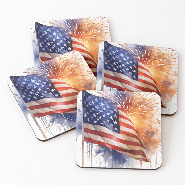 Item preview, Watercolor American flag waves under fireworks designed and sold by homydesign.