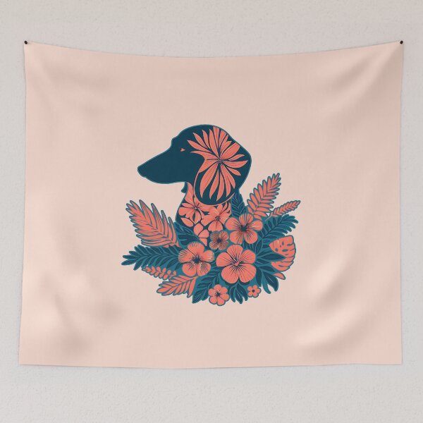 Item preview, Dachshund silhouette and colorful tropical flowers, dachshund lovers, gift for dachshund lovers designed and sold by Collagedream.