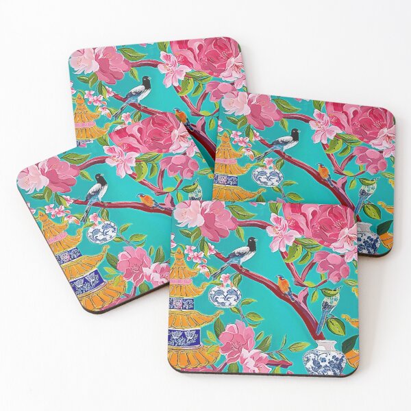 Item preview, Pink and green chinoiserie garden oil painting designed and sold by SophieClimaArt.