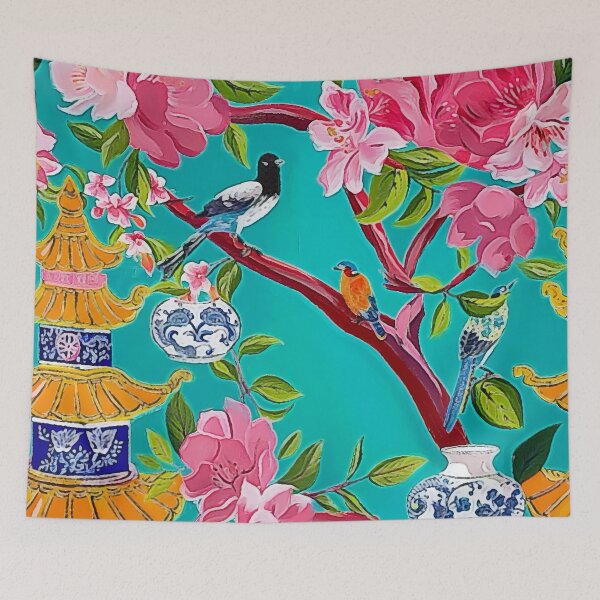 Item preview, Pink and green chinoiserie garden oil painting designed and sold by SophieClimaArt.