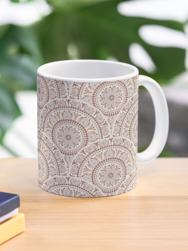 Coffee Mug, Warm Neutrals Cafe Ombre Dot Mandala Art Deco Scallop designed and sold by Triplicate Limited