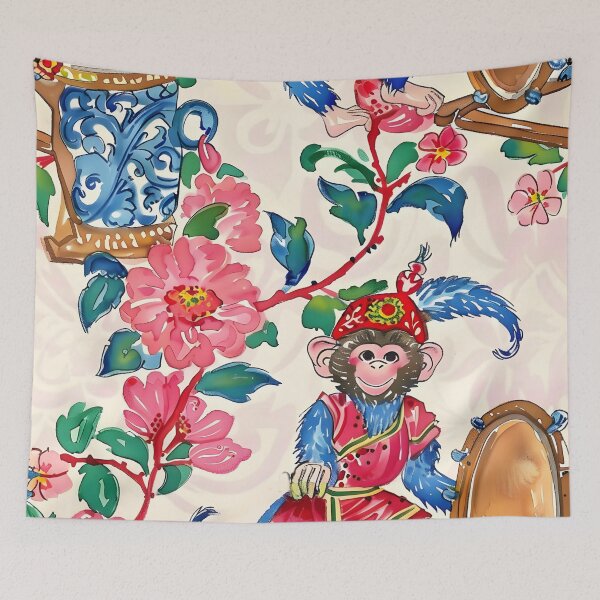 Item preview, Chinoiserie monkey playing drums designed and sold by SophieClimaArt.