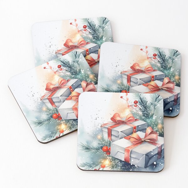 Item preview, Two festive gifts with red ribbons nestled amongst snowy branches designed and sold by homydesign.
