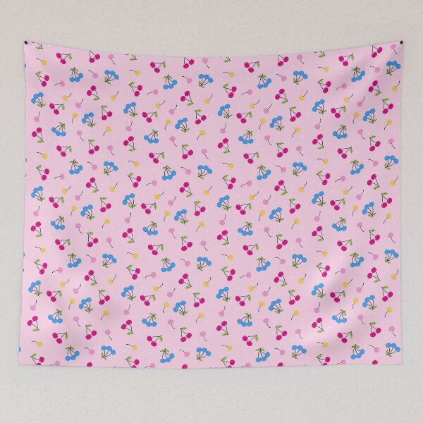 Item preview, multi-colored cherries on a pink background designed and sold by burbura.