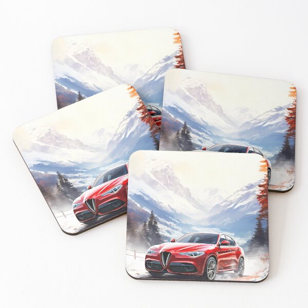 Item preview, Red Alfa Romeo Stelvio Quadrifoglio Driving in Snowy Mountain Landscape designed and sold by RevUpDesign.