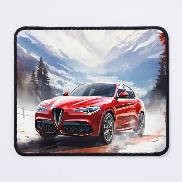 Item preview, Red Alfa Romeo Stelvio Quadrifoglio Driving in Snowy Mountain Landscape designed and sold by RevUpDesign.