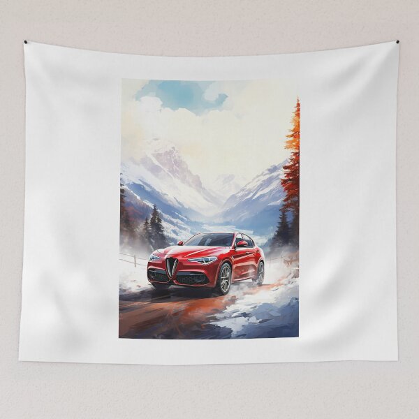 Item preview, Red Alfa Romeo Stelvio Quadrifoglio Driving in Snowy Mountain Landscape designed and sold by RevUpDesign.
