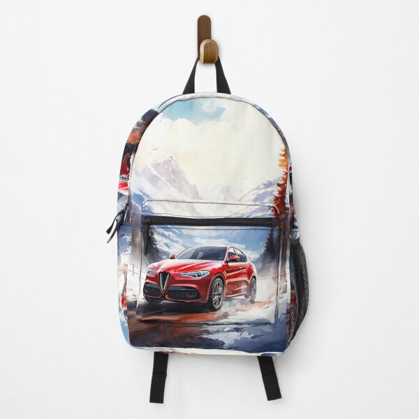 Item preview, Red Alfa Romeo Stelvio Quadrifoglio Driving in Snowy Mountain Landscape designed and sold by RevUpDesign.