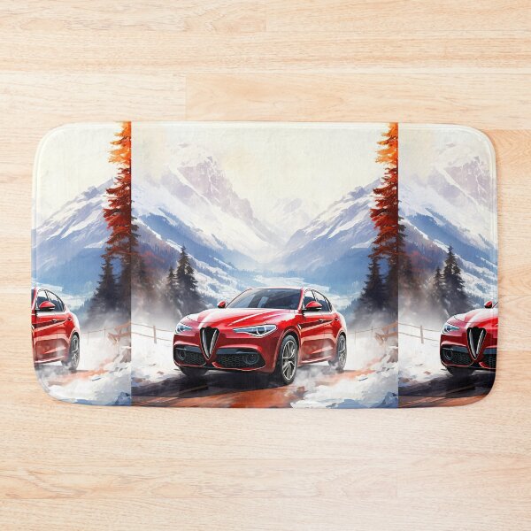 Item preview, Red Alfa Romeo Stelvio Quadrifoglio Driving in Snowy Mountain Landscape designed and sold by RevUpDesign.