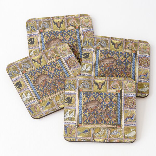 Item preview, MEDIEVAL BESTIARY,PELLICAN BIRDS, FANTASTIC ANIMALS  WITH GOLD  BLUE FLEUR DE LIS designed and sold by BulganLumini.