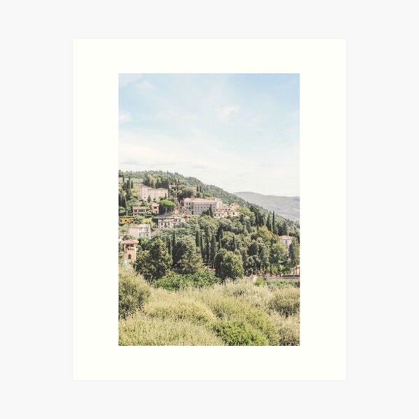 Item preview, Florence, Italy I Tuscan landscape at Fiesole with mountains and cypresses, as near Milan or Rome in greenery nature with retro vintage pastel summer aesthetic of italian countryside old villages designed and sold by Julie Travel Photography.