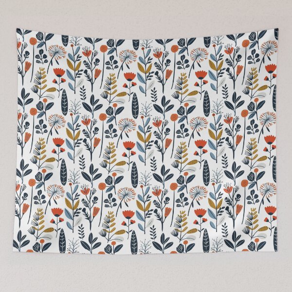 Item preview, Red yellow blue Boho plants pattern Scandinavian folk art cottage core  designed and sold by TankandDPS.