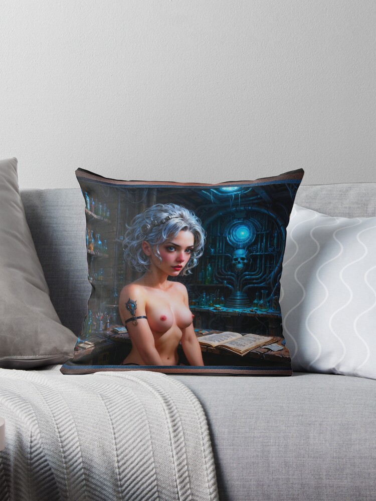 What Do You Mean I'm The Experimental Subject Pin Up Girl Sci-Fi Fantasy Art Captivating AI Concept Art by Xzendor7 Decorative Art Print Throw Pillow