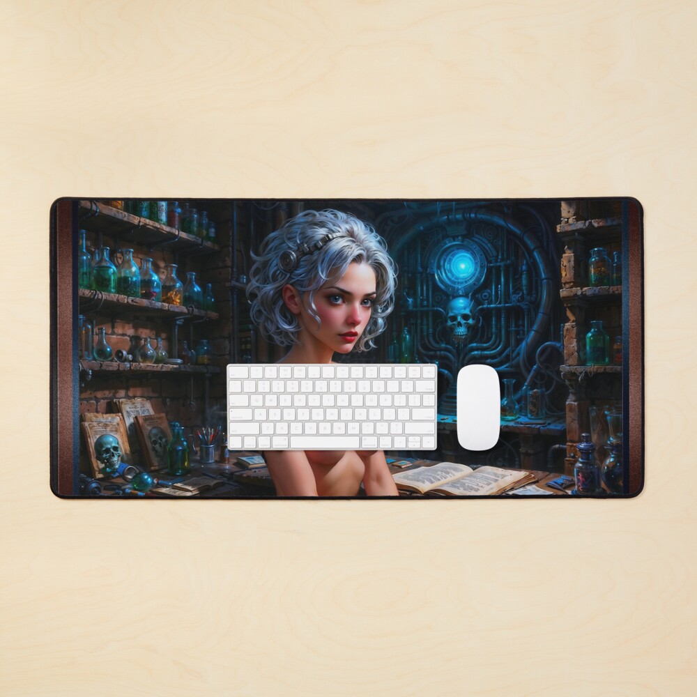 What Do You Mean I'm The Experimental Subject Pin Up Girl Sci-Fi Fantasy Art Captivating AI Concept Art by Xzendor7 Decorative Art Print Desk Mat