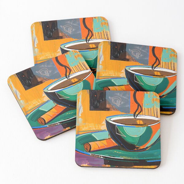 Item preview, Vibrant and Colorful Abstract Art - Steaming Coffee Cup on Saucer with Cigar and Dynamic Background designed and sold by OlfactoART Studio.