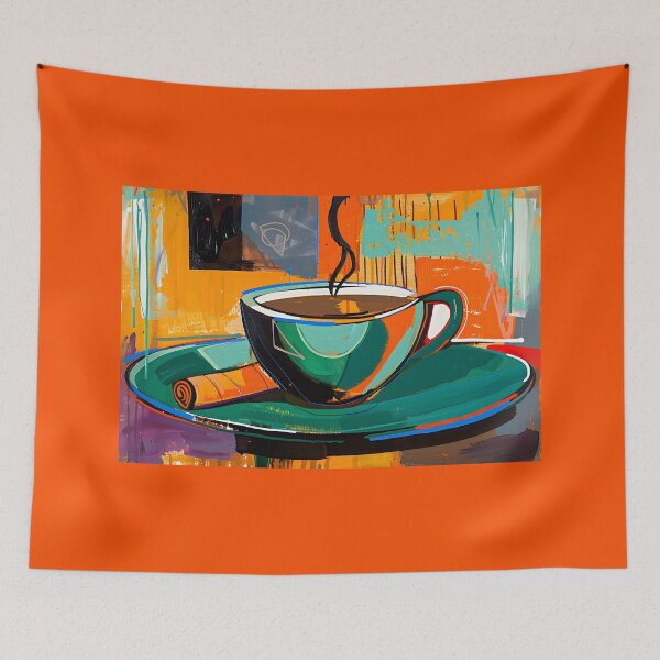 Item preview, Vibrant and Colorful Abstract Art - Steaming Coffee Cup on Saucer with Cigar and Dynamic Background designed and sold by OlfactoART Studio.