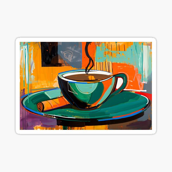 Item preview, Vibrant and Colorful Abstract Art - Steaming Coffee Cup on Saucer with Cigar and Dynamic Background designed and sold by OlfactoART Studio.
