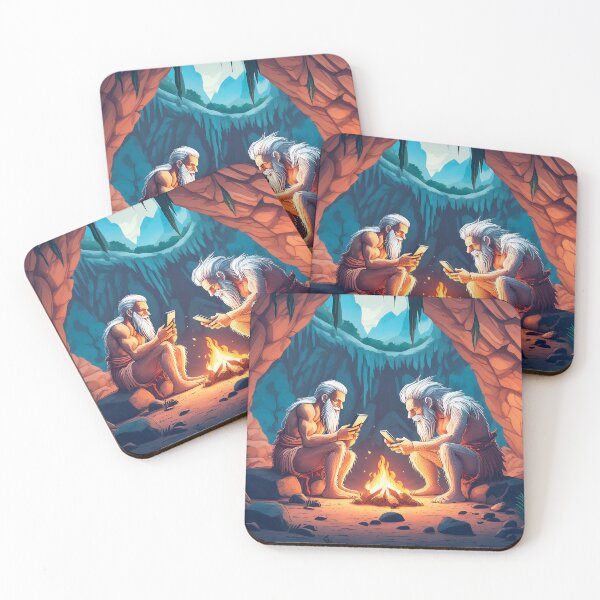 Item preview, Old prehistoric men around fire using smartphones (AI) designed and sold by DFLC Prints.
