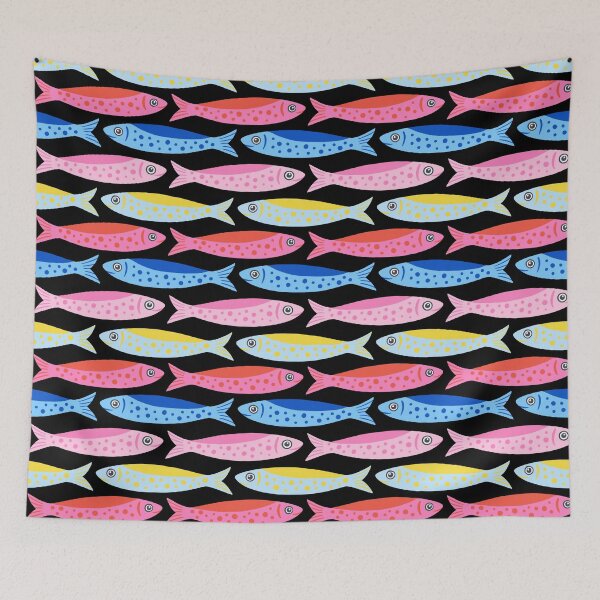 Item preview, Colourful Sardines All-Over Pattern on Black designed and sold by BexMorleyArt.