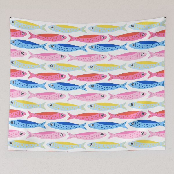 Item preview, Colourful Sardines All-Over Pattern on White designed and sold by BexMorleyArt.