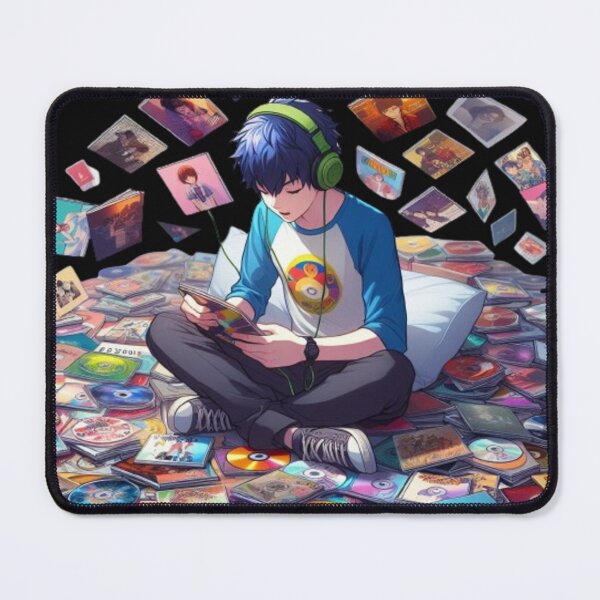 Item preview, a lonely teenager with headphones next to many retro-style CDs designed and sold by karina360.