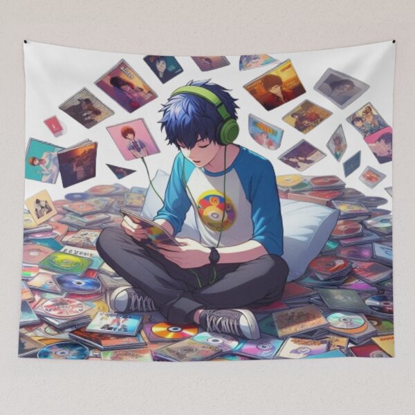Item preview, a lonely teenager with headphones next to many retro-style CDs designed and sold by Creative StudioK.