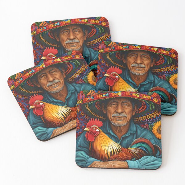 Item preview, Vibrant man with rooster and floral sombrero art piece designed and sold by Artessie.