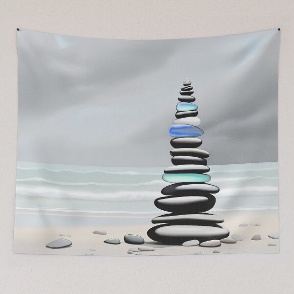 Item preview, Pale Coastal Decor Beach Pebbles Tower and Sea Glass - Zen Cairn 1 of 4 designed and sold by Beachy.