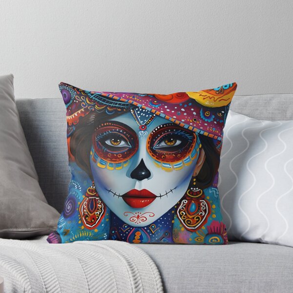 Item preview, Colorful Day of the Dead face painting with floral hat designed and sold by Artessie.