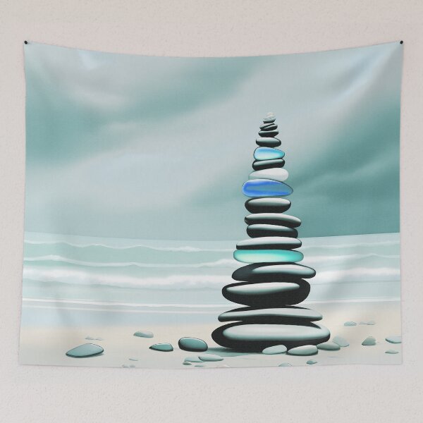 Item preview, Pale Coastal Decor Beach Pebbles Tower and Sea Glass - Zen Cairn 2 of 4 designed and sold by Beachy.