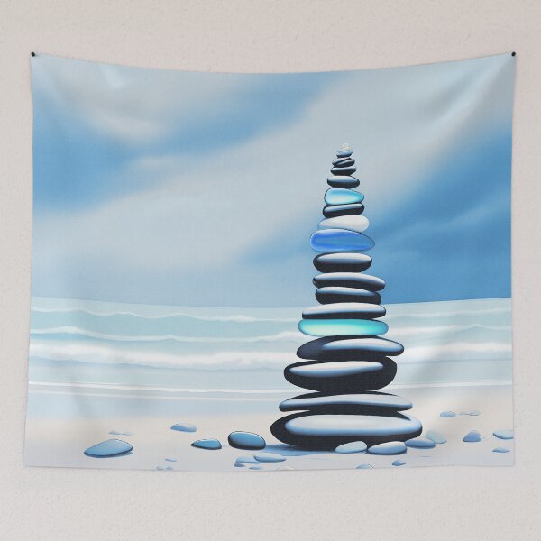 Item preview, Pale Coastal Decor Beach Pebbles Tower and Sea Glass - Zen Cairn 3 of 4 designed and sold by Beachy.