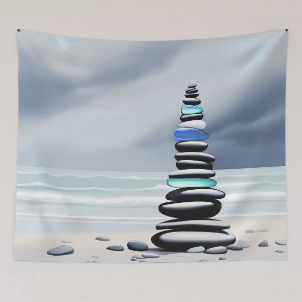 Item preview, Pale Coastal Decor Beach Pebbles Tower and Sea Glass - Zen Cairn 4 of 4 designed and sold by Beachy.