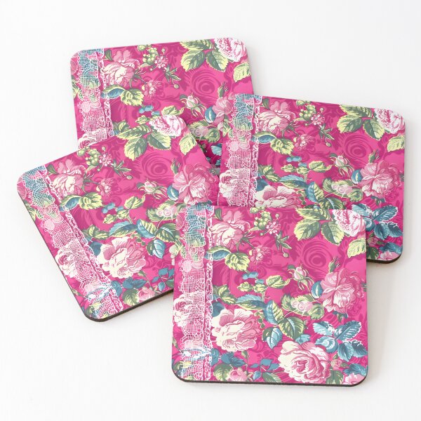 Item preview, Antique lace and cabbage roses on hot pink designed and sold by SophieClimaArt.