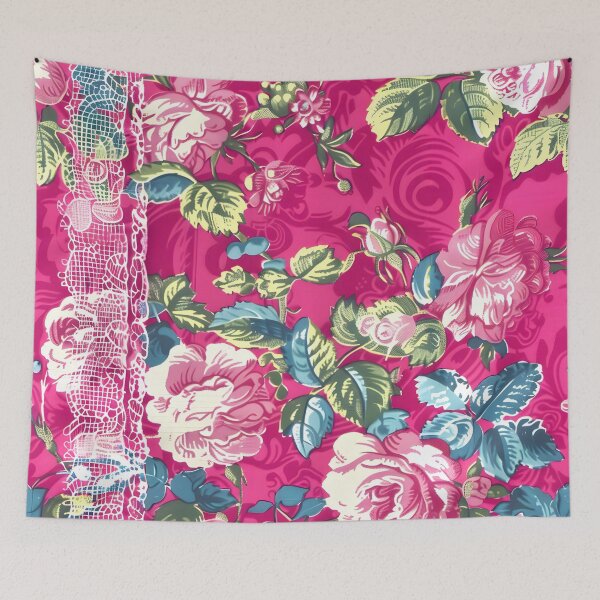 Item preview, Antique lace and cabbage roses on hot pink designed and sold by SophieClimaArt.