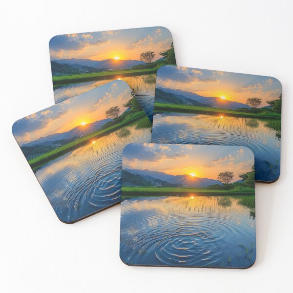 Item preview, Stunning sunset over serene water ripples, lush fields designed and sold by Artessie.