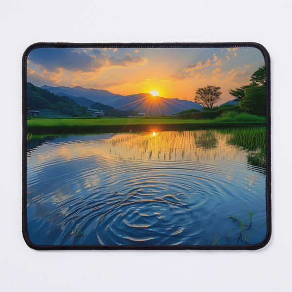 Item preview, Stunning sunset over serene water ripples, lush fields designed and sold by Artessie.