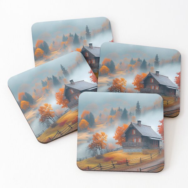 Item preview, Serene cottage amidst autumn trees in misty landscape. designed and sold by Artessie.