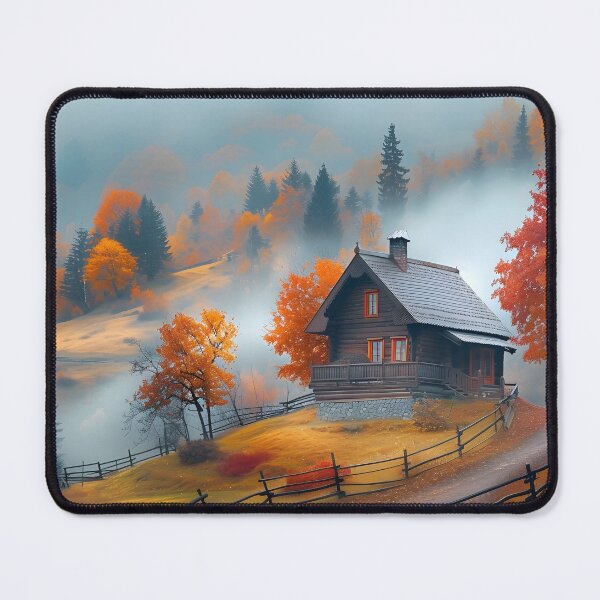 Item preview, Serene cottage amidst autumn trees in misty landscape. designed and sold by Artessie.