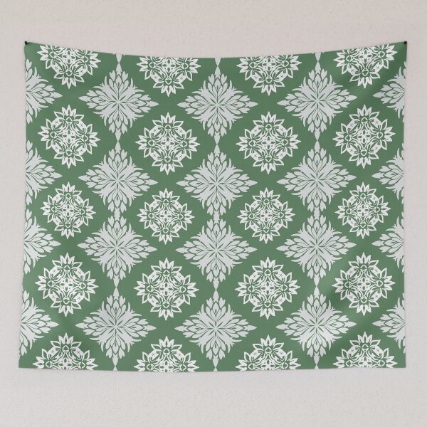 Item preview, White Floral Damask Patterns on green blackground  designed and sold by kasune-shop.