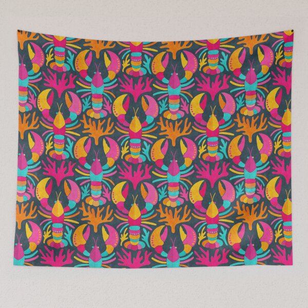 Item preview, Lobster Damask Pattern in Popping Dopamine Colors on Dark designed and sold by micklyn.