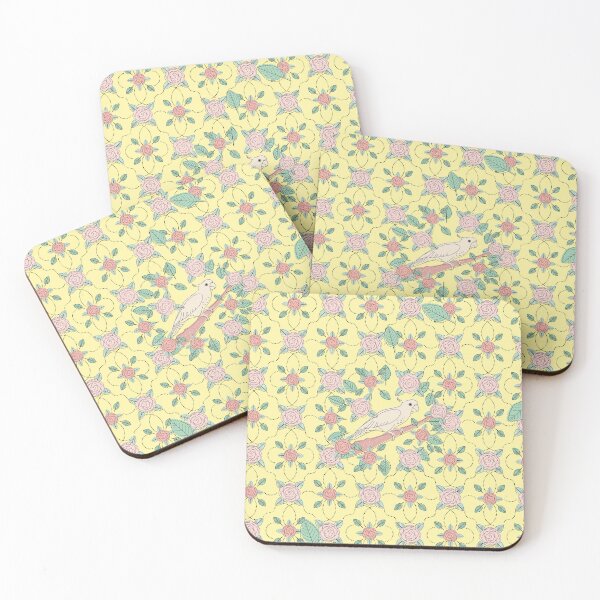 Item preview, Cockatoo surrounded by roses and leaves in pink, red and green and a light yellow background designed and sold by Elisabeth Kochenburger.