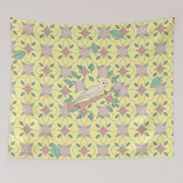 Item preview, Cockatoo surrounded by roses and leaves in pink, red and green and a light yellow background designed and sold by Elisabeth Kochenburger.