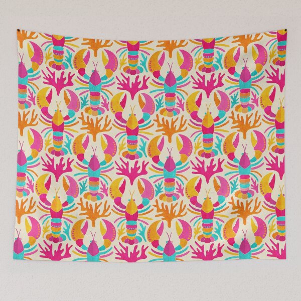 Item preview, Lobster Damask Pattern in Popping Dopamine Colors on Cream designed and sold by micklyn.