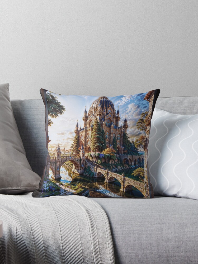 A Stunning Majestic Fantasy Castle Overlooking A Magical Landscape Beautiful AI Concept Art by Xzendor7 Decorative Art Print Throw Pillow