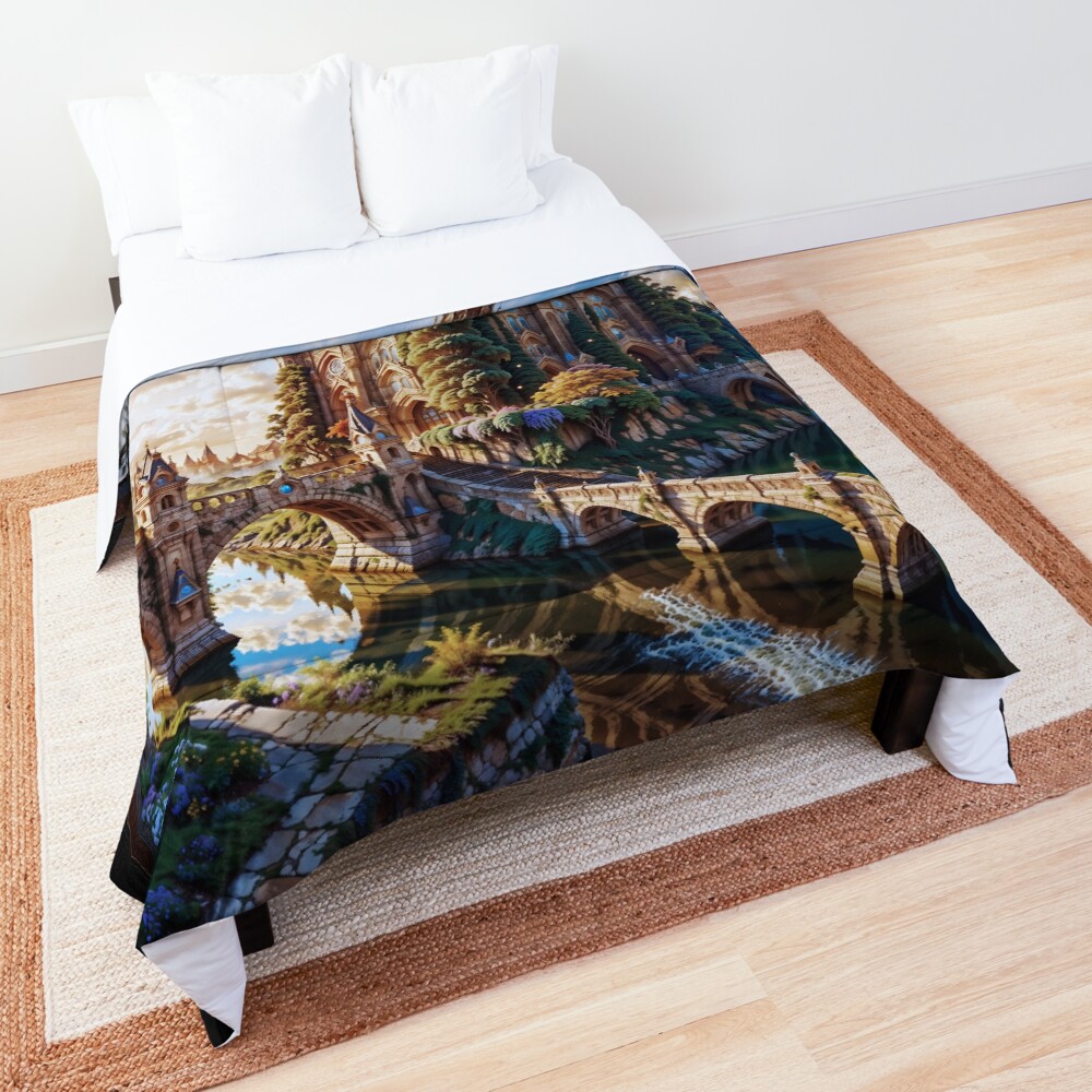 A Stunning Majestic Fantasy Castle Overlooking A Magical Landscape Beautiful AI Concept Art by Xzendor7 Decorative Art Print Comforter