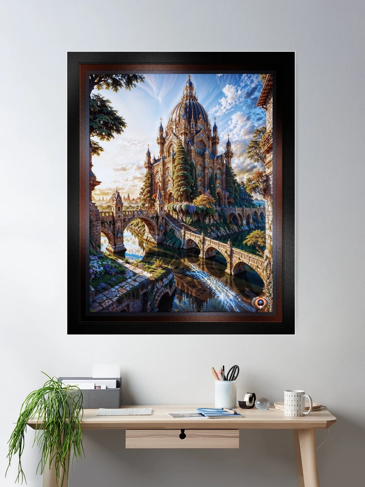 A Stunning Majestic Fantasy Castle Overlooking A Magical Landscape Beautiful AI Concept Art by Xzendor7 Wall Decor Poster Art Print