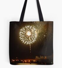 Fireworks on riverfront Tote Bag