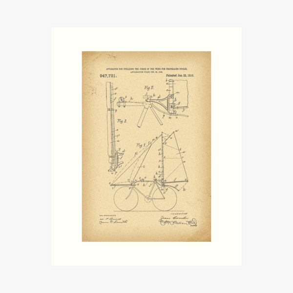 1910 Patent aerial Velocipede sail Bicycle history invention Art Print