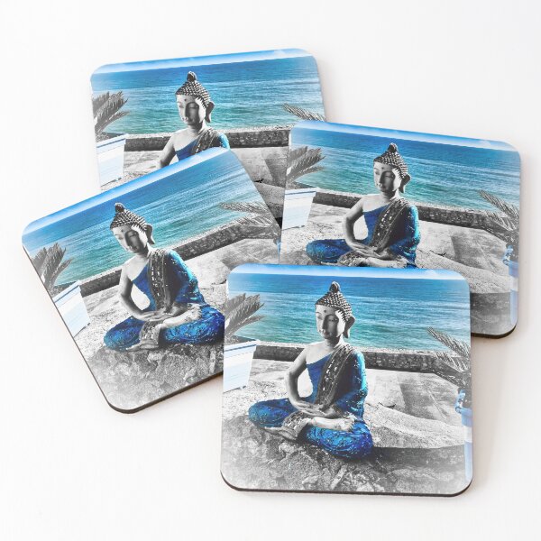 Item preview, Buddhist meditation by the Mediterranean Sea (black and white with blue tones) designed and sold by seasandlands.