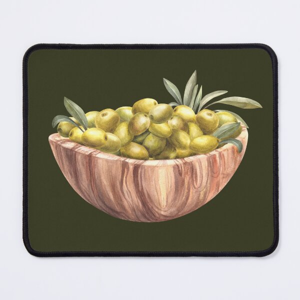 Item preview, Wooden bowl with green Olives. Watercolor leaves and fruits harvest. Hand drawn designed and sold by BartolArt.